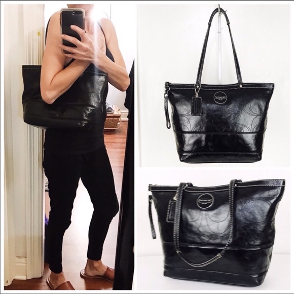 Coach Handbags - Coach Signature Stripe Black Patent Leather Tote